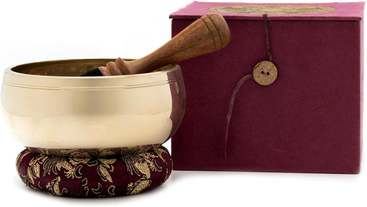 Klangschale mit Dhyani-Buddha-Relief in schöner Geschenk-Box aus nachhaltigem Naturpapier I Inkl. Kl