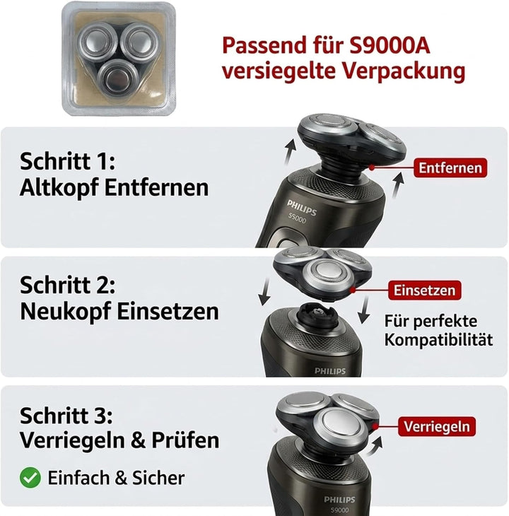 Ersatz-Scherkopf für Philips Rasierer 9000 Series, Kompatibel mit Philips Rasierer 9000 Series und S