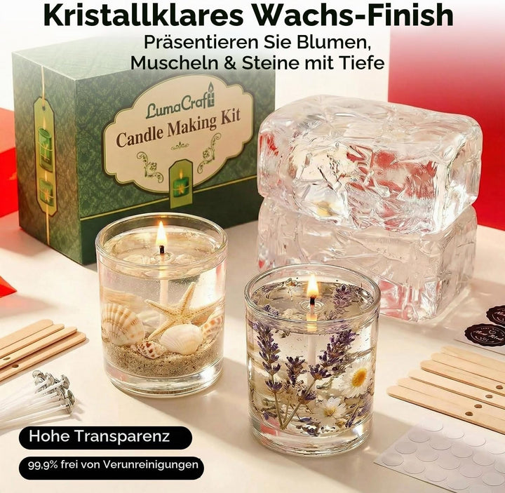 LumaCraft Klares Gelwachs zur Kerzenherstellung – 500g Transparentes Jelly Wachs mit 20 Dochten, 50