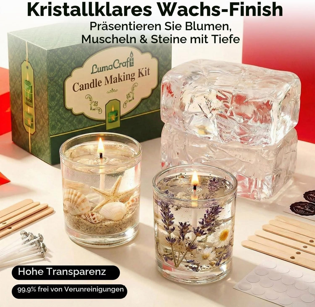 LumaCraft Kerzen Set zur Kerzenherstellung mit klarem Gelwachs – 1000g Transparentes Jelly Wachs mit