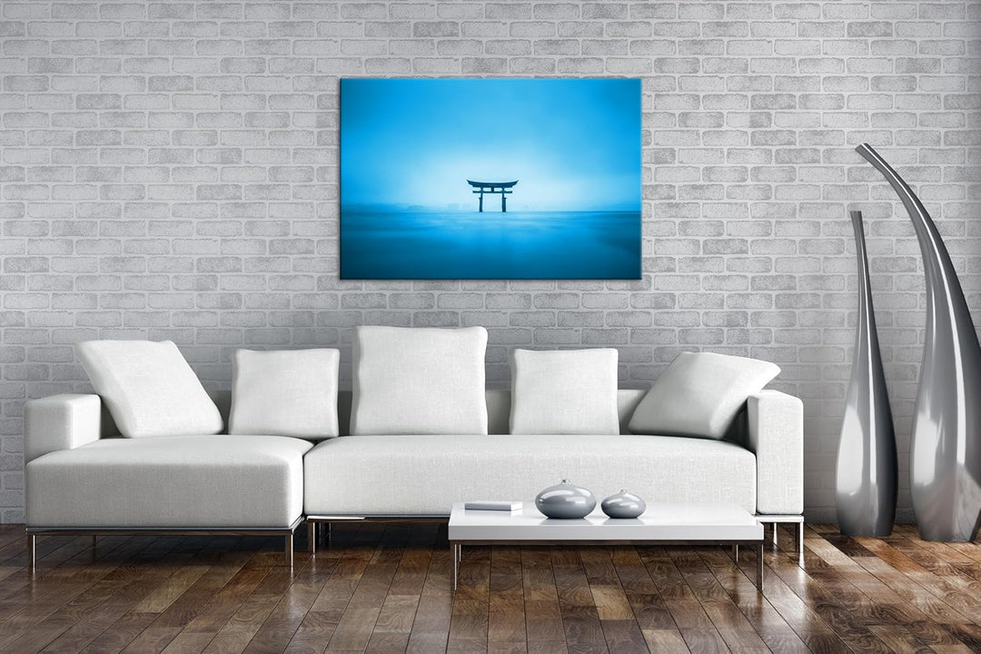 deyoli Schrein in Japan am Meer Format: 100x70 cm Effekt: Monocrome Blau als Leinwandbild, Motiv fer