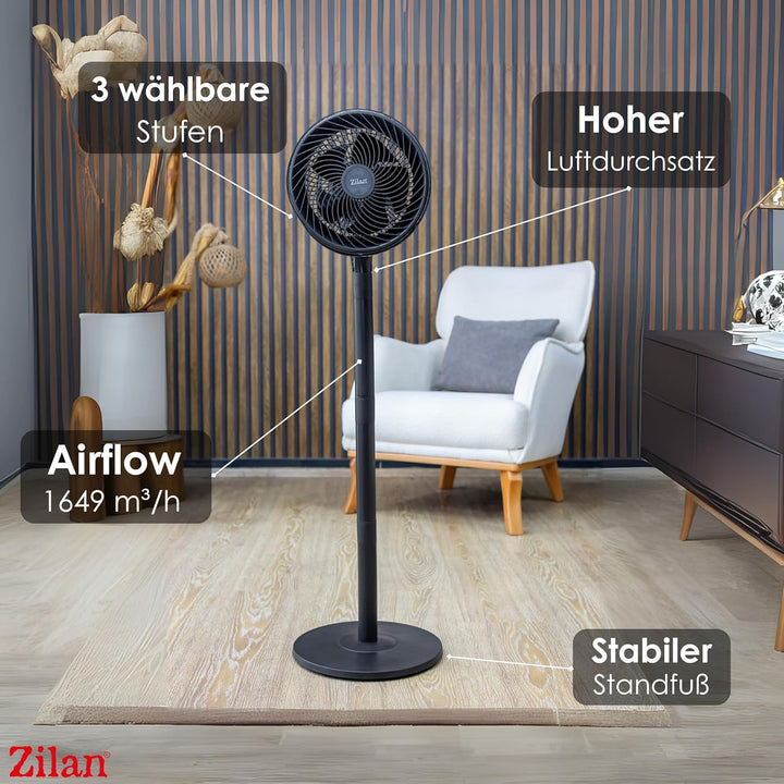 Zilan Standventilator 65 Watt kraftvoller Ventilator sehr leise energiesparend 3 Stufen hoher Luftdu