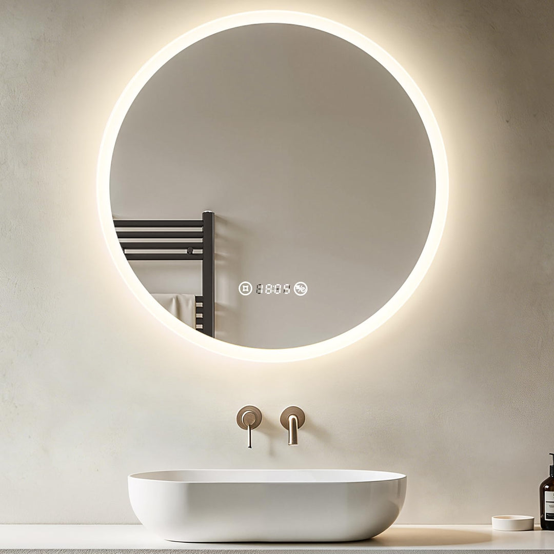 Heilmetz LED Badspiegel Rund 60cm mit Acrylrahmen, Badezimmerspiegel mit Beleuchtung & Uhr, Wandspie