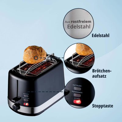 KHG Toaster TO-857 WE2 | Toaster 2 Scheiben Edelstahl Schwarz 850 W | mit Brötchenaufsatz, 7 Bräunun