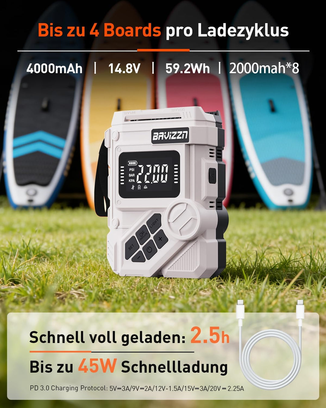 Sup Pumpe Elektrische Akku 22PSI Elektrische Sup pumpe Mit Akku 59.2WH 12DC Typ-C-Anschluss Inflator
