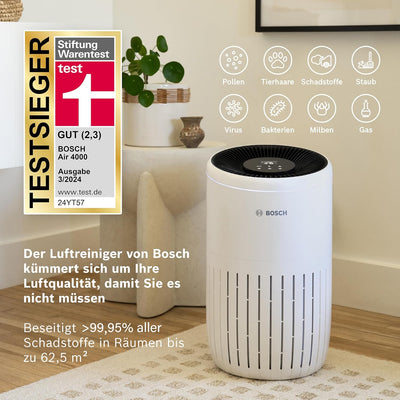 Bosch Air 4000, Luftreiniger für bis zu 62,5 m² entfernt 99,9% aller Verschmutzungen, 3in1 Filter in