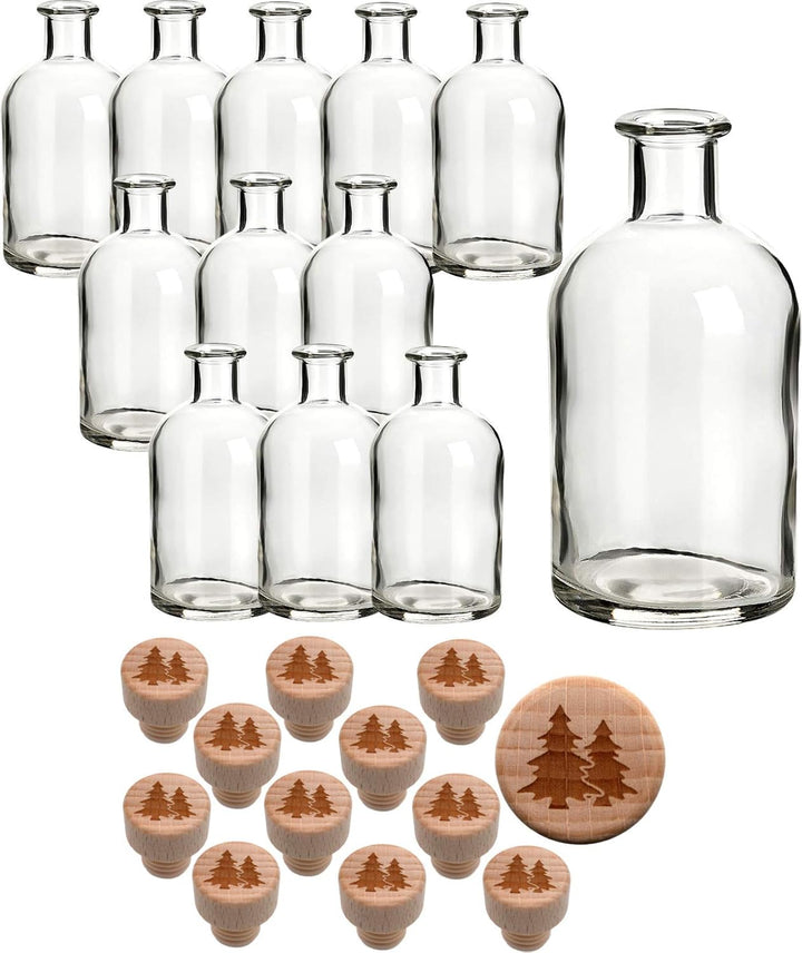 gouveo 12er Set Glasflasche 250 ml Apotheker mit graviertem Korken “Tanne” - Runde Korkenflasche 0,2