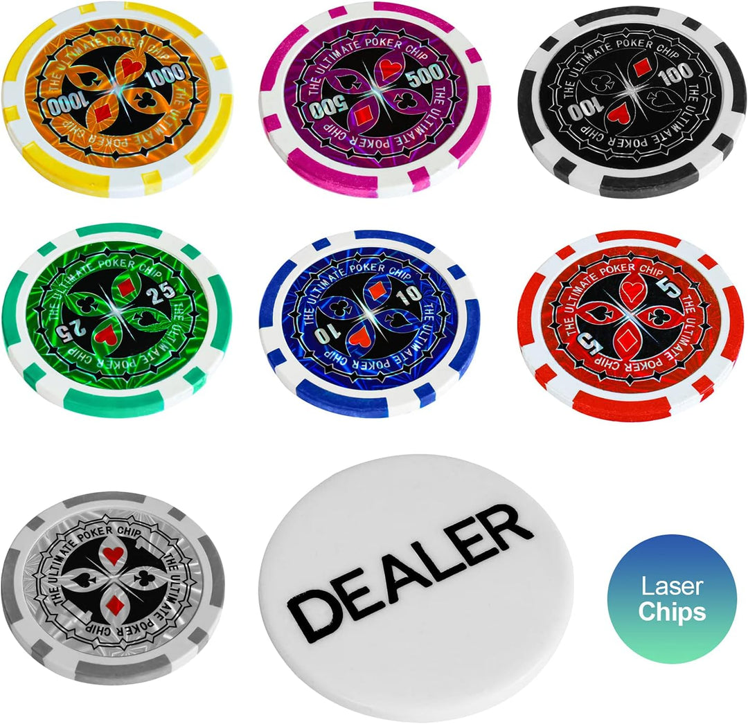 Eaxus® Deluxe Pokerkoffer - Hochwertiges Profi Pokerset mit 500 Laser Chips, Kartendecks & Würfeln D