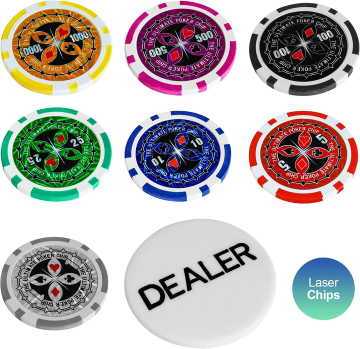 Eaxus® Deluxe Pokerkoffer - Hochwertiges Profi Pokerset mit 500 Laser Chips, Kartendecks & Würfeln D