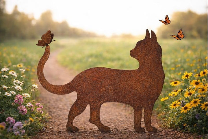 Bornhöft Gartendeko Gartenstecker Katze mit Schmetterling, Edelrost Rost-Optik Metallfigur, Gartensk