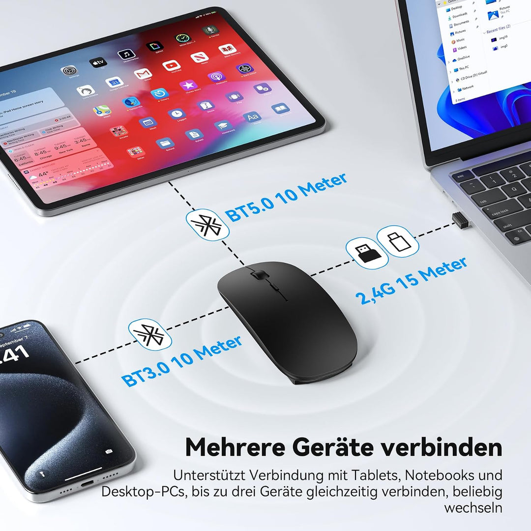 TECKNET Bluetooth Maus USB-C &amp; USB-A, Slim Kabellose Maus mit 4 Tasten Schwarz, Schwarz