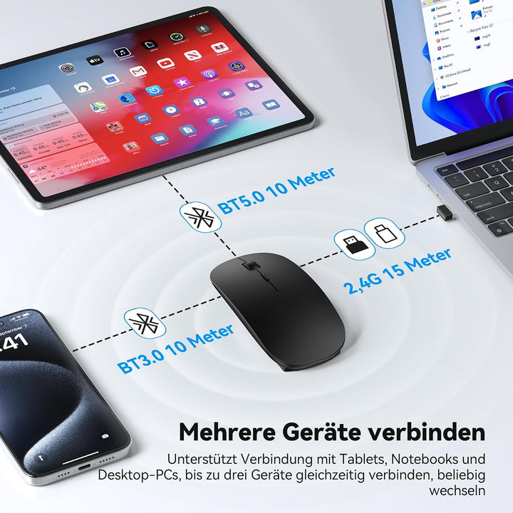 TECKNET Bluetooth Maus USB-C &amp; USB-A, Slim Kabellose Maus mit 4 Tasten Schwarz, Schwarz