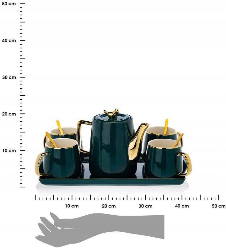 HowHomely Keramik Kaffeeservice für 4 Personen Modern - Grün Set mit Kanne, 4 Tassen und Serviertabl