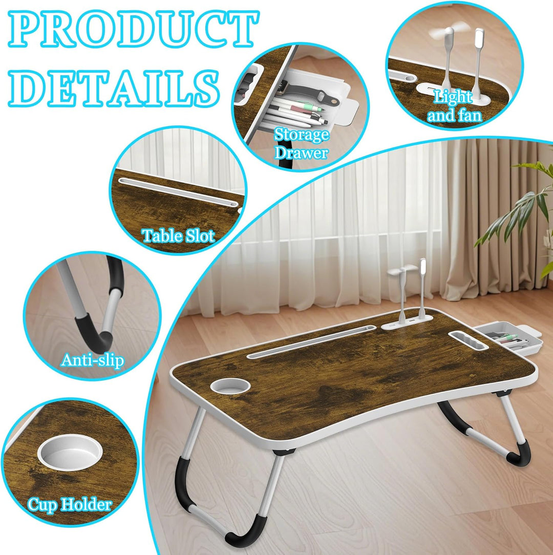 Soontrans Laptoptisch 60x40x28 cm, Laptop Tisch mit Schublade, Getränkehalter, Tablethalter, Griff,
