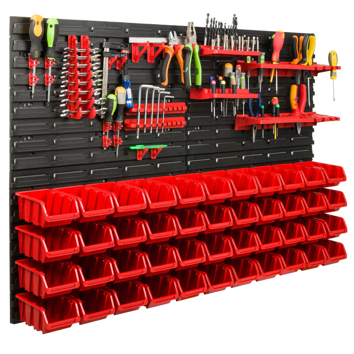 Lagersystem Werkstattregal | 115 x 78 cm | 44 stck. Box | Wandregal mit Werkzeughalterungen und Stap