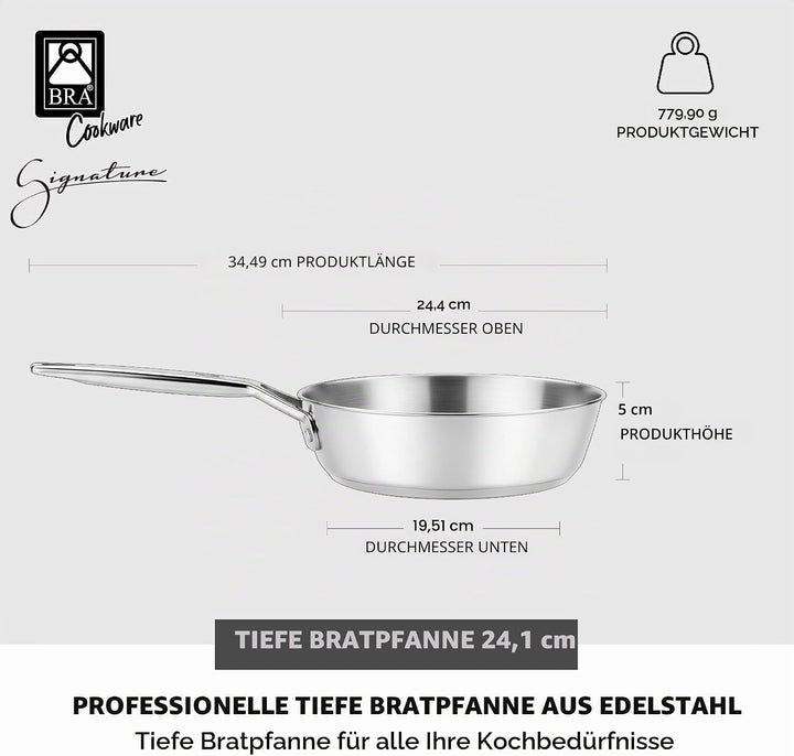 BRA Signature | Tiefe 24-cm-Pfanne, Edelstahl 18/10 | Ohne Antihaftbeschichtung, dreifacher Diffusor