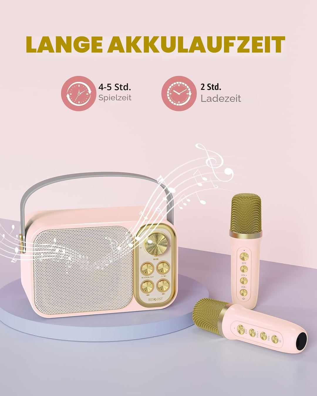 BESCOST Karaoke Maschine mit 2 Mikrofonen, Mini Karaoke Anlage mit 7 Stimmeffekten, tragbare Bluetoo
