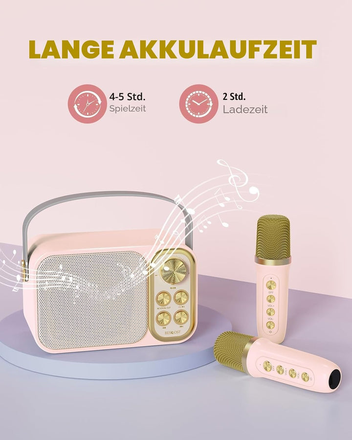 BESCOST Karaoke Maschine mit 2 Mikrofonen, Mini Karaoke Anlage mit 7 Stimmeffekten, tragbare Bluetoo