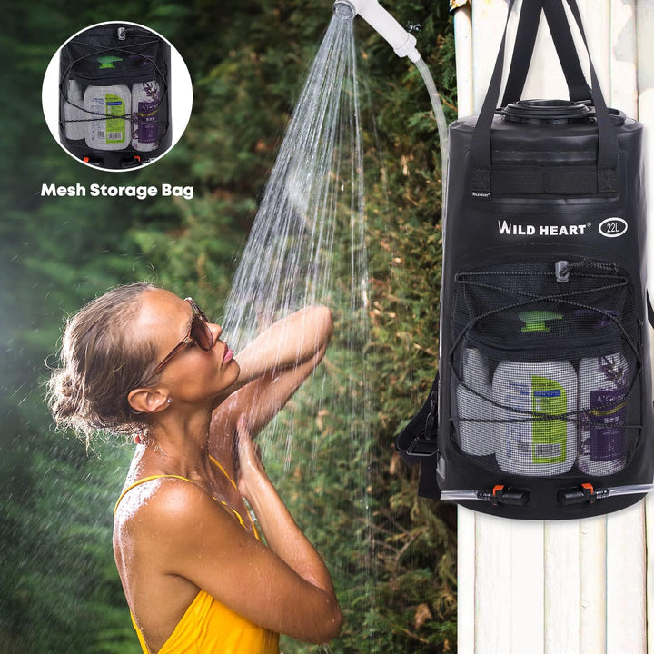 WILD HEART Campingdusche 22L Tragbare Dusche für Camping mit Druckfusspumpe und Duschbeutel-Rucksack