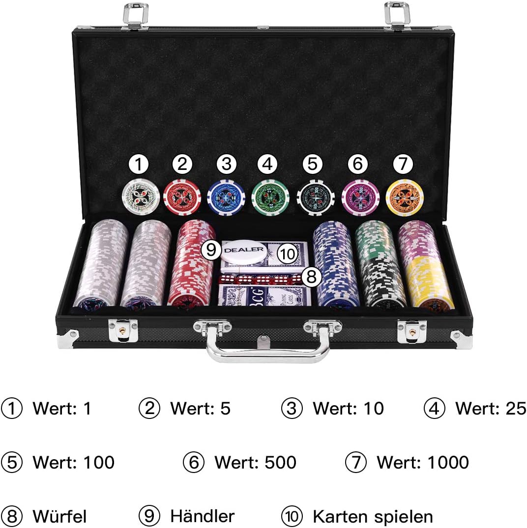DREAMADE Poker-Set mit 300 Poker Chips, Pokerset Koffer Profi,Pokerkoffer aus Alu, Pokerspiel mit 1