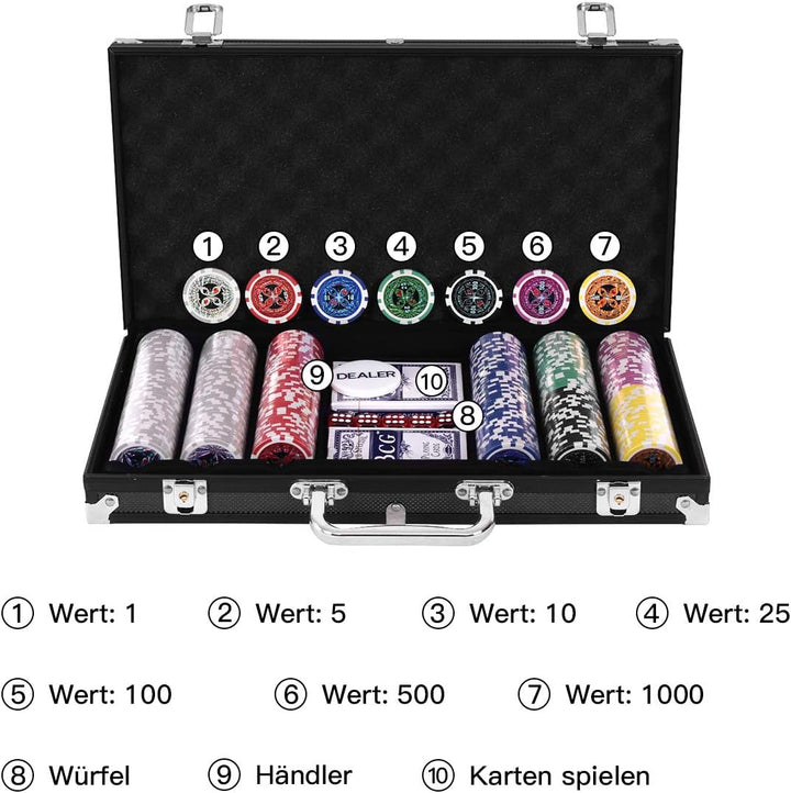 DREAMADE Poker-Set mit 300 Poker Chips, Pokerset Koffer Profi,Pokerkoffer aus Alu, Pokerspiel mit 1