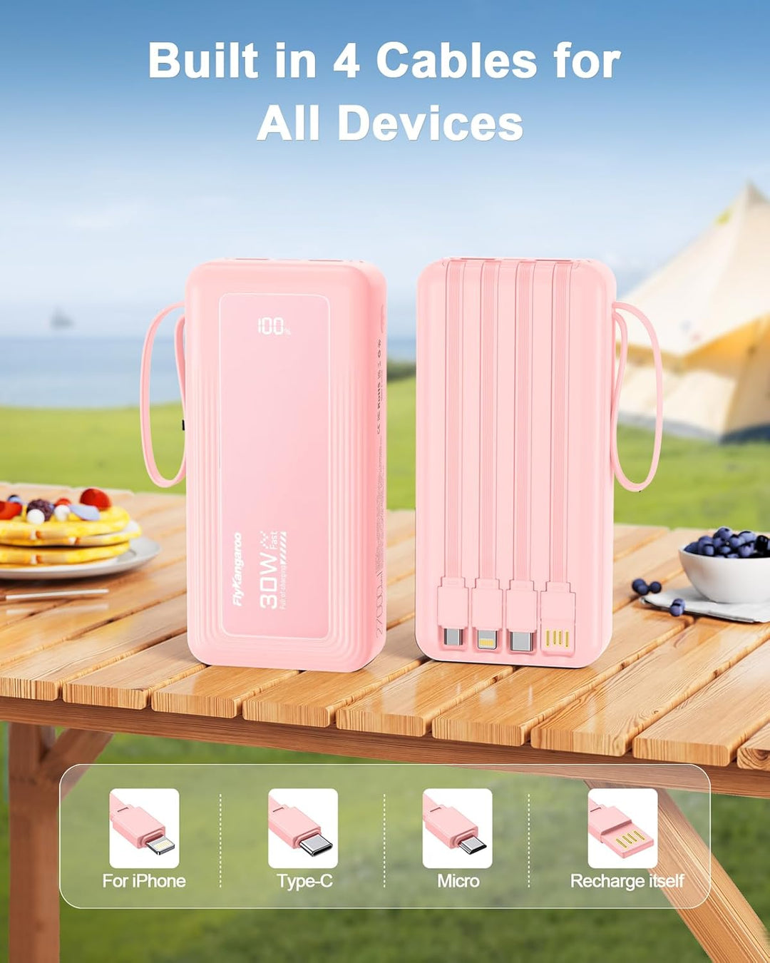 Powerbank 27000mAh mit 4 integrierten Kabel, 30W Power Bank USB C Schnellladefunktion mit LED Displa
