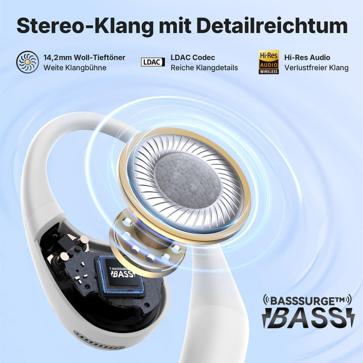 EarFun OpenJump Bluetooth Open-Ear Kopfhörer, Hi-Res Audio, LDAC, Theatermodus, anpassbare Ohrbügel,