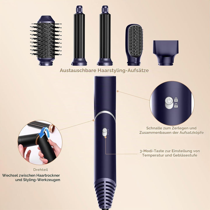 UKLISS Airstyler 5 in 1 Hairstyler Luft-Lockenstab Ionen Haartrockner Warmluftbürste Multistyler 5 i