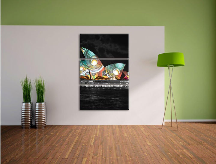 Pixxprint beeindruckende Sydney Opera House Pfauenaugen schwarz/weiss 3-Teiler Leinwandbild 120x80 B
