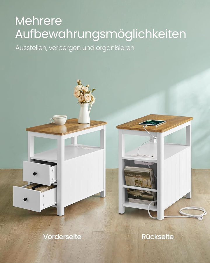VASAGLE Beistelltisch, 2er Set, schmaler Nachttisch mit Steckdosenleiste, 2 Schubladen, Sofatisch, f