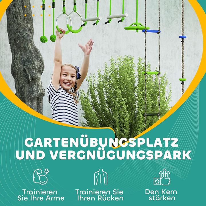 AIYAPLAY Ninja Slackline 10 m für Kinder Ninja Warrior Hindernisparcours Set mit Slackline Turnringe
