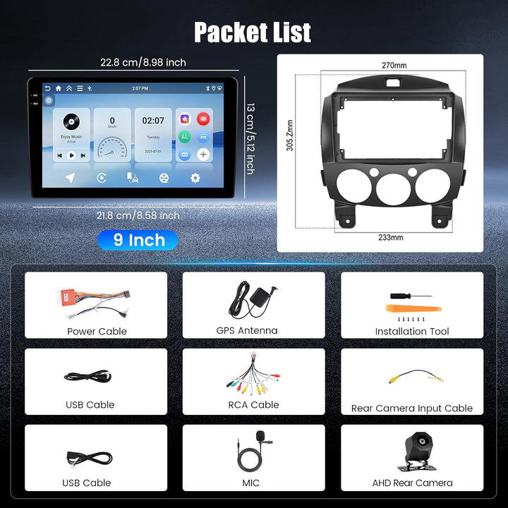 Hikity 4+64G Android 15 Autoradio für Mazda 2 2007-2014, 9" Bildschirmradio mit Wireless CarPlay And