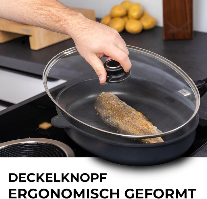MaxxGoods Glasdeckel für Fischpfanne oval 41x27cm | Vollglasdeckel Backofenfest bis 260°C | hitzebes