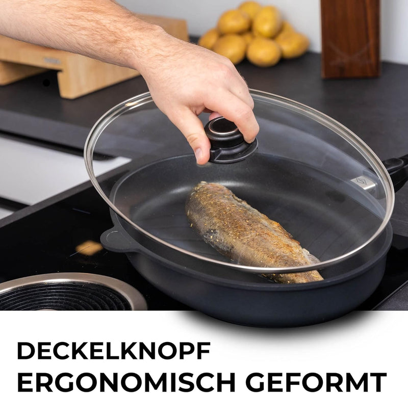 MaxxGoods Glasdeckel für Fischpfanne oval 41x27cm | Vollglasdeckel Backofenfest bis 260°C | hitzebes