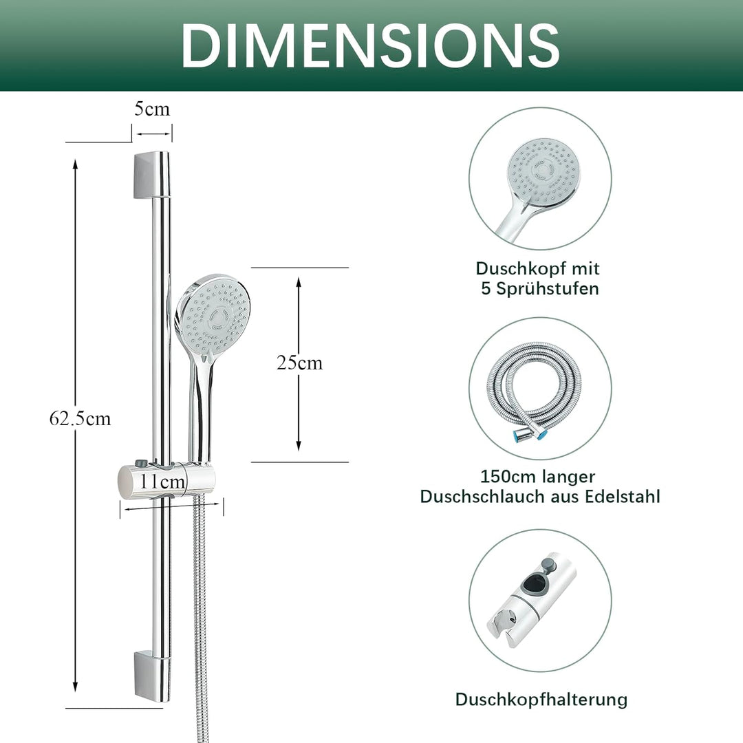 Duschset mit Handbrause Edelstahl Duschstange 62 cm mit Duschkopfhalter, Brausestangeset mit 1,5m Sc