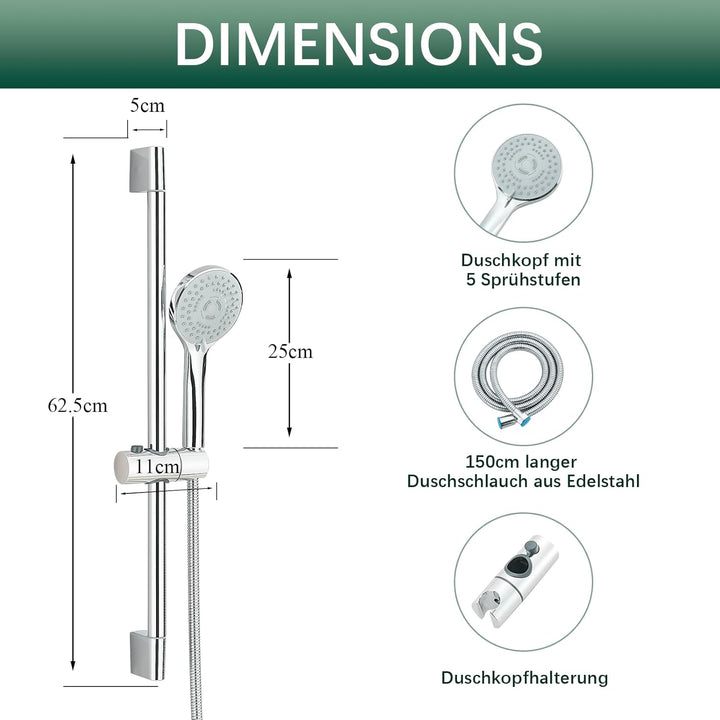 Duschset mit Handbrause Edelstahl Duschstange 62 cm mit Duschkopfhalter, Brausestangeset mit 1,5m Sc