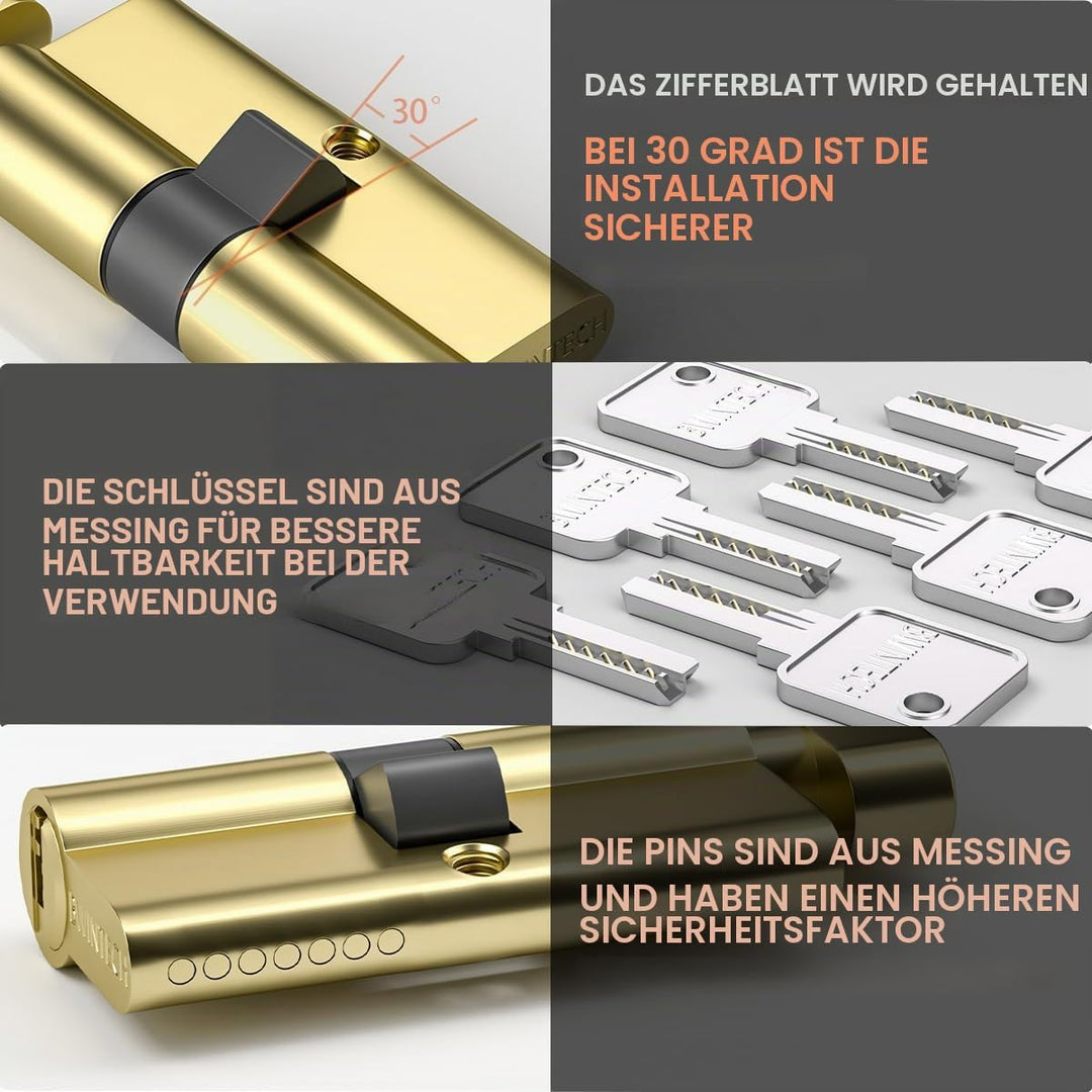 Bwintech 1 Stück 45T/50mm Euro Messingzylinder, 95mm Knauf/Schlüsselschloss mit 5 horizontalen Messi