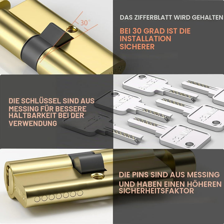 Bwintech 1 Stück 45T/50mm Euro Messingzylinder, 95mm Knauf/Schlüsselschloss mit 5 horizontalen Messi