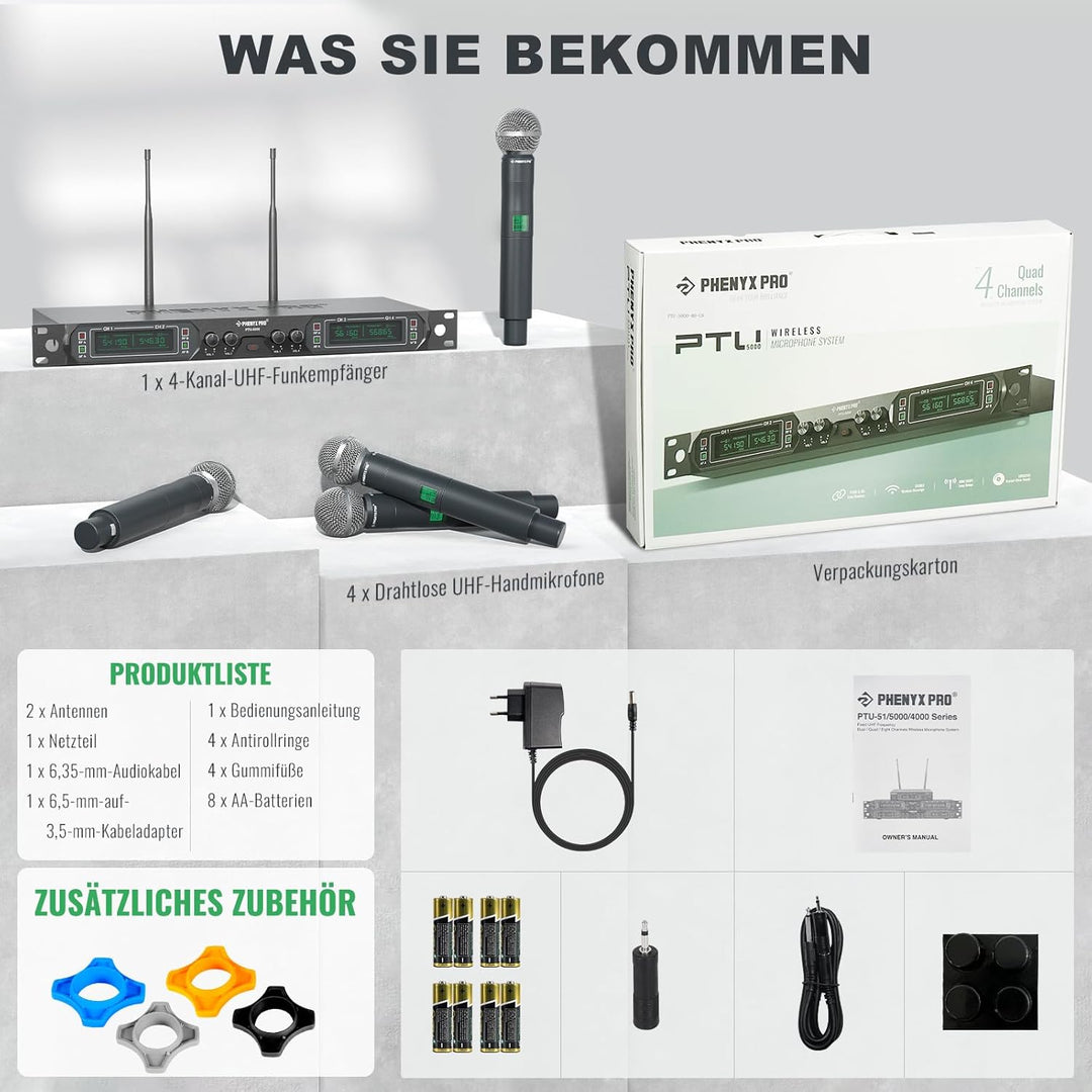 Phenyx Pro Mikrofon kabellos,4-Kanal Karaoke Mikrofon,Kabelloses Festfrequenz-Metall-Funkmikrofon mi