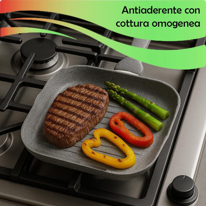 BAKAJI Set Pfanne 32 cm und Grillpfanne 24 x 24 cm, Antihaftbeschichtung in Steinoptik, PFOA-frei, w