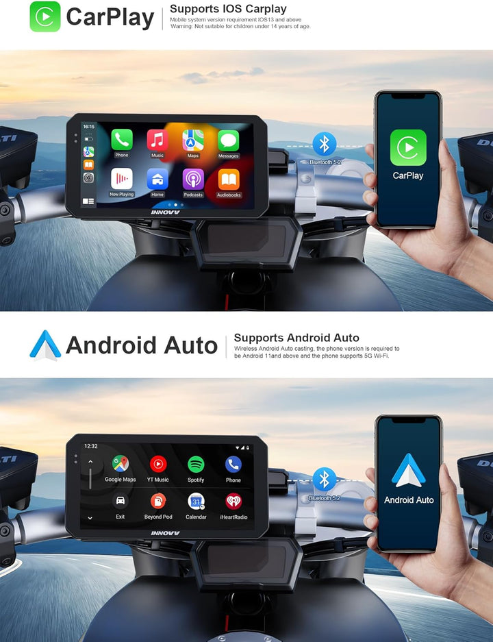 INNOVV N2 Motorrad CarPlay Display, 6 Zoll HD Touchscreen Kabelloses CarPlay & Android Auto, Doppelk