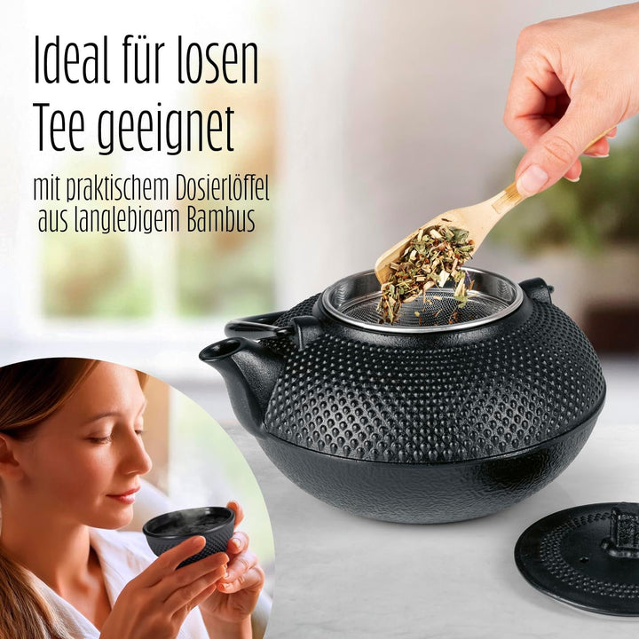 Lumaland Tee Kanne im Asia Hobnail Design | 1 x gusseiserne Teekanne (1,4 Liter) 1x Bambus Dosierlöf