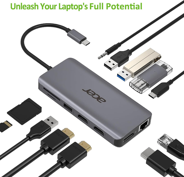 Acer 12-in-1 Mini Dock (USB Type-C zu 1x USB Type-C (w PD), 2x USB 3.2, 2x USB 2.0, 2x HDMI, 1x Disp