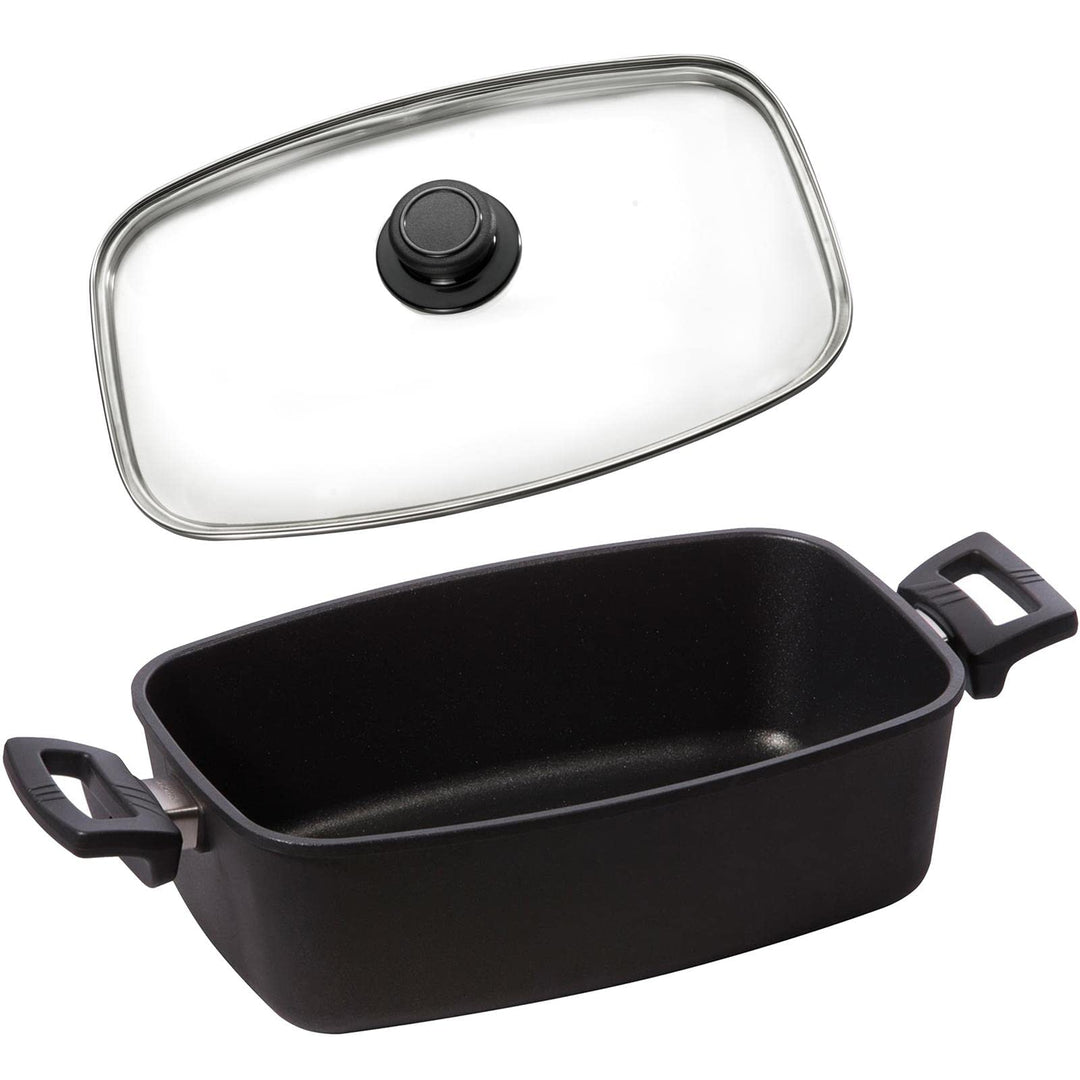 Eurolux Guss-Bräter Set mit Glasdeckel (Edelstahlrand) 33 x 22 cm - kleiner ofenfester Universal-Mul