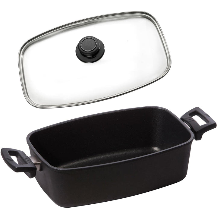 Eurolux Guss-Bräter Set mit Glasdeckel (Edelstahlrand) 33 x 22 cm - kleiner ofenfester Universal-Mul