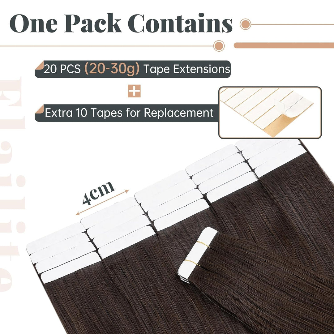 Elailite Echthaar Extensions Tape in Extensions 20 Stück 30g/set, Glattes Haarverlängerungen 40cm #2