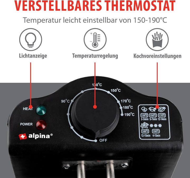 alpina Fritteuse - 3 Körbe - 5 Liter - 2000 Watt - Thermostat bis 190 °C - Anti-Heizung - Edelstahl