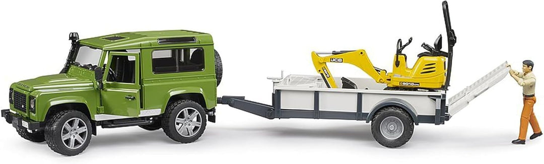 bruder 02593 - Land Rover Defender Station Wagon mit Einachsanhänger, JCB Mikrobagger 8010 Cts, Baua