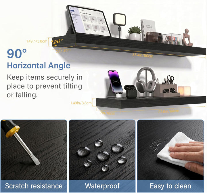 Schweberegale Schwarz 2er Set – Wandboard 90 cm aus Holz mit PVC-Beschichtung, Moderne Wandregale fü