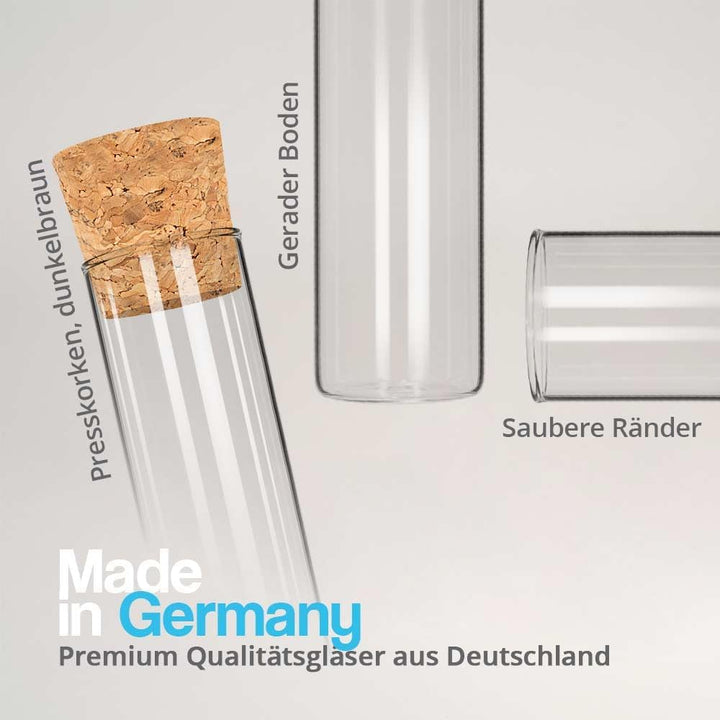 Tuuters 100x Glas Reagenzgläser mit Korken, Flachbodenglas (100 x Ø 30mm) | Glasröhren mit Flachbode